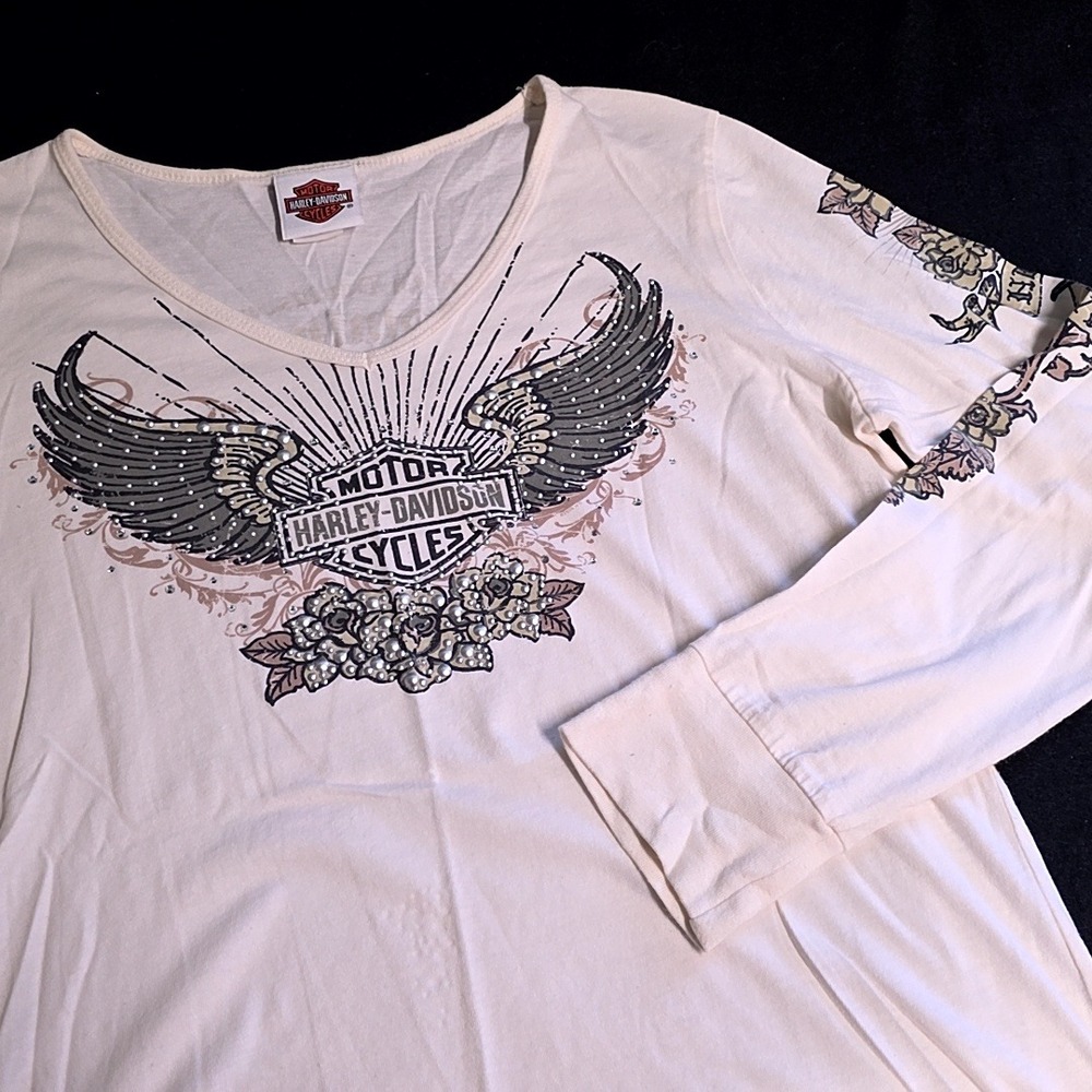 Harley Davidson Long Sleeve Women Large Cream Winged Rose Graphic V-Neck Tee